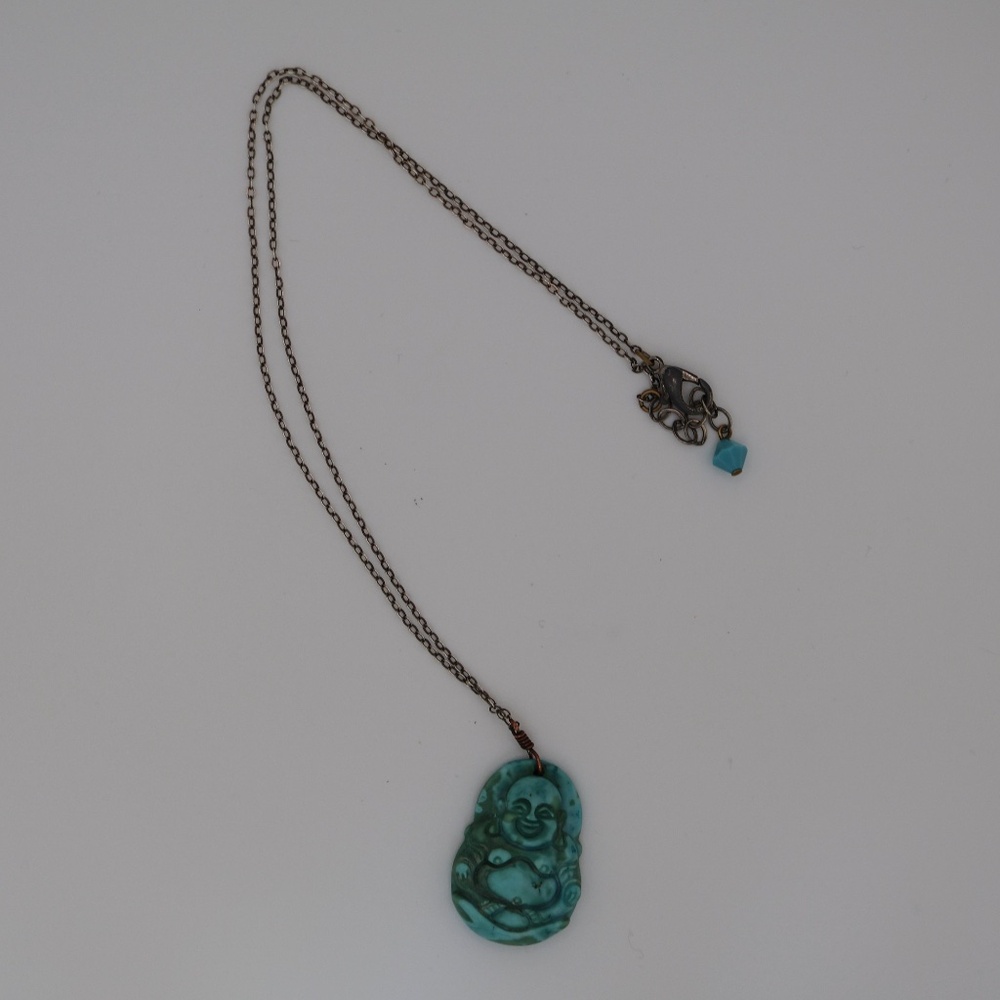 Vintage Carved Jade Buddha Necklace Silver Boho